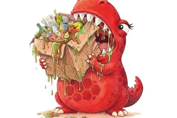 Illustration of whitney the wasteater eating rubbish