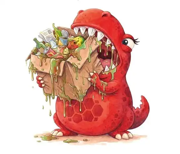 Illustration of whitney the wasteater eating rubbish