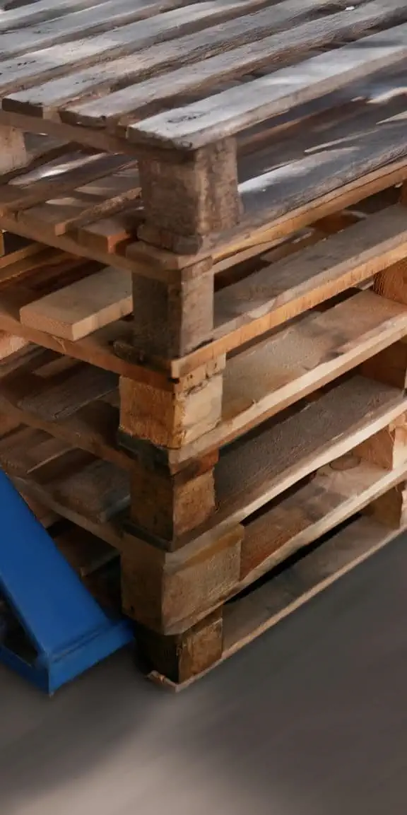 Empty wooden waste pallets all stacked on top of each other at one of Biffa's factory