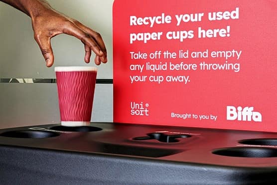 A single use cup being recycled in Biffa's Takeback Scheme